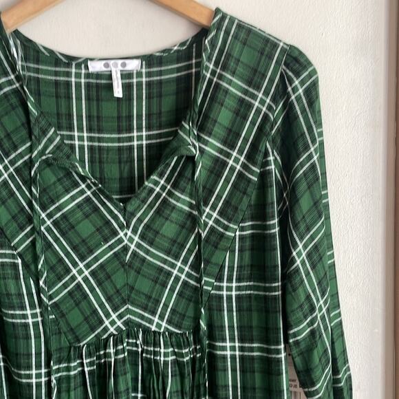 Three Dots Mason Plaid Long Sleeve Blouse Dark Green - Picture 7 of 16